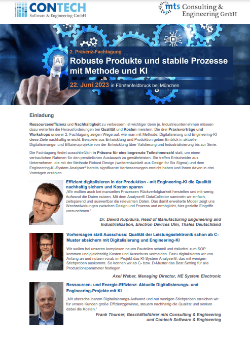 Flyer für 2. Präsenz-Fachtagung: Robuste Produkte und stabile Prozesse mit Methode und KI am 22. 6.2023