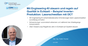 Startfolie Vortrag von Frank Thurner downloaden: Mit Engineering-KI steuern und regeln auf Qualität in Echtzeit 